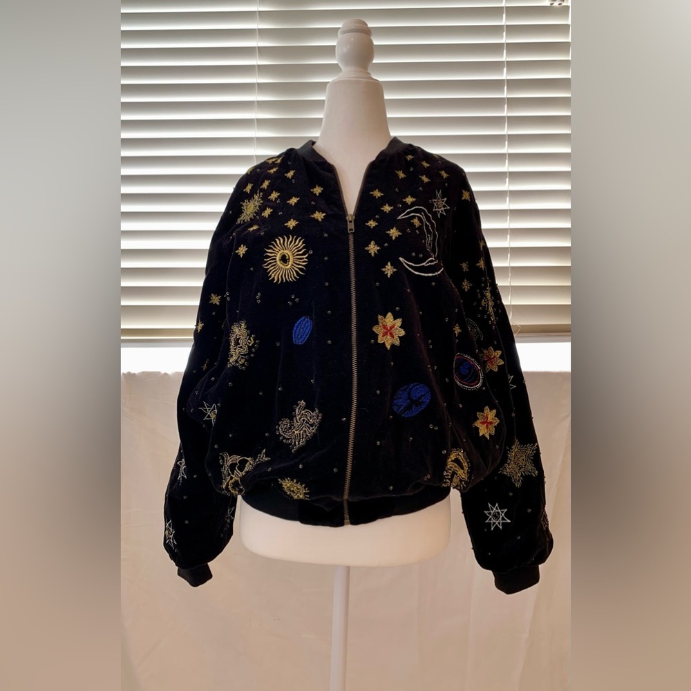 Anthropologie Seen Worn Kept Estella Velvet Zodiac Beaded Bomber Jacket M